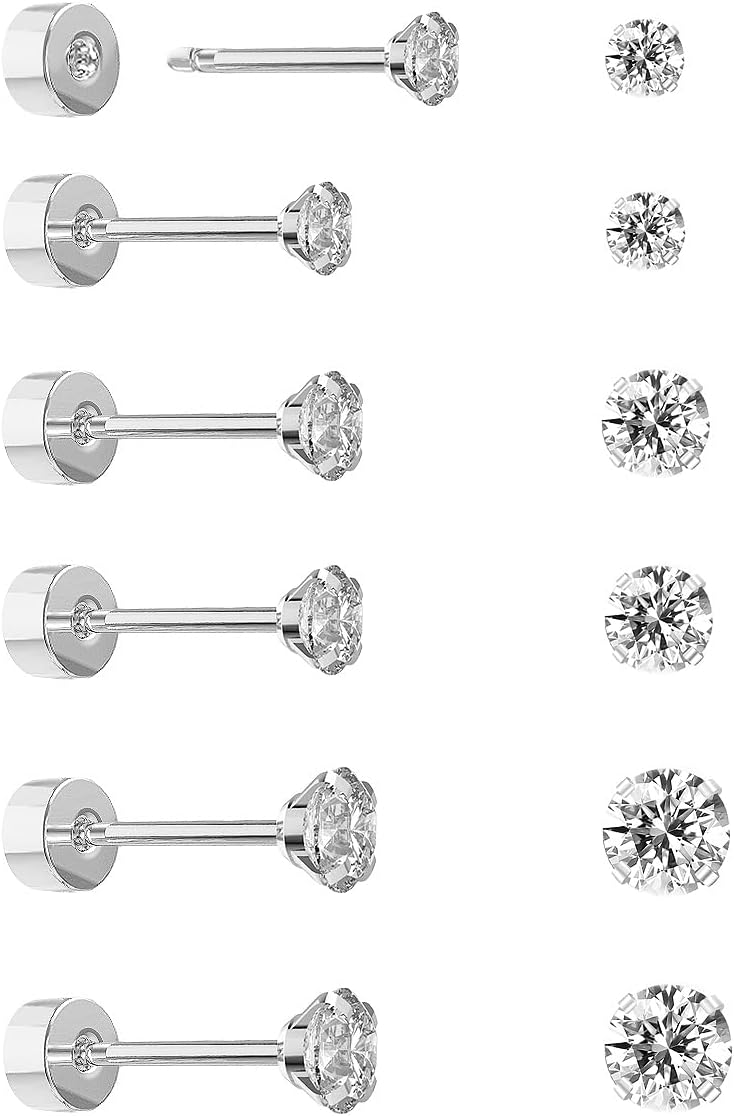 Yetonload 5-6 pairs Push-in Flat Back Stud Earrings Hypoallergenic Surgical Stainless Steel Cubic Zirconia Earrings Studs Set Multi-Pack, CZ Stud Earrings for Women Men Trendy Cartilage Stud Earrings 2-8mm - Image 1